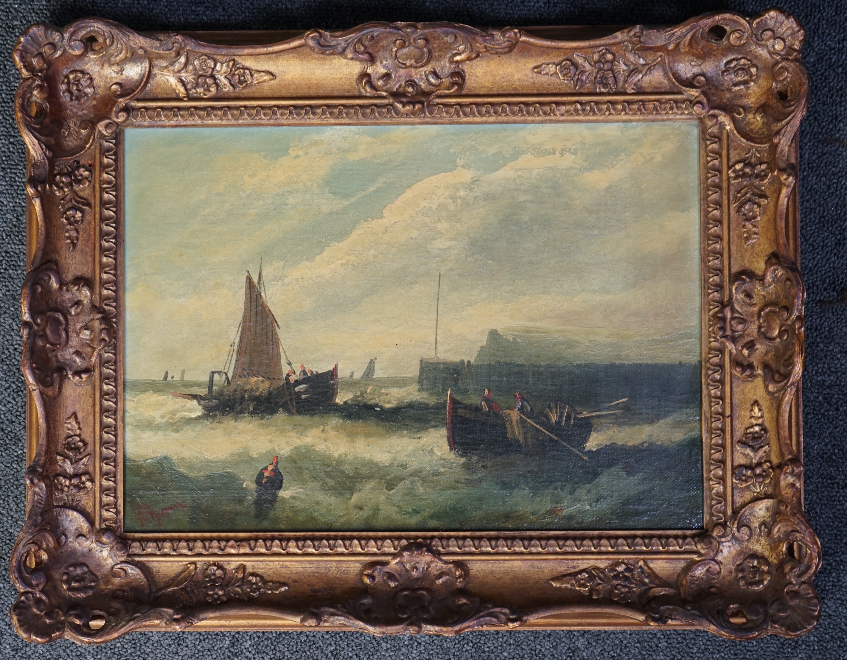 E. Byron, pair of oils on canvas, Fishing boats off the coast, 24 x 34cm. Condition - fair to good, would benefit from a clean